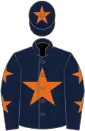 Dark blue, orange star, dark blue sleeves, orange stars, dark blue cap, orange star