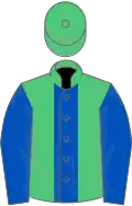 Emerald green, royal blue panel and sleeves, emerald green cap
