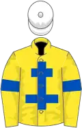 Yellow, royal blue cross of lorraine, armlets, white cap