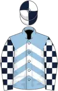 Light blue and white chevrons, dark blue and white check sleeves, dark blue and white quartered cap