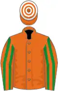 Orange, green striped sleeves, orange and white hooped cap
