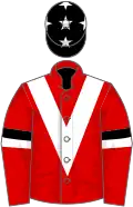 Red, white inverted chevron, black and white armlets, black cap, white stars