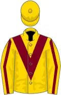 Yellow, maroon chevron, yellow sleeves, maroon stripe, yellow cap