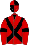 Red, black cross belts and armlets, quartered cap