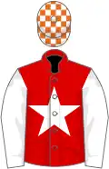 Red, white star and sleeves, white and orange check cap
