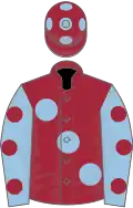 Maroon, large light blue spots, light blue sleeves, maroon spots, maroon cap, light blue spots
