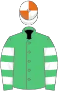 Emerald green, white hooped slvs, white and orange qtd cap