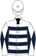 White, dark blue hoops, diabolo on sleeves, white cap