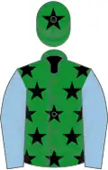 Green, black stars, light blue sleeves, green cap, black star