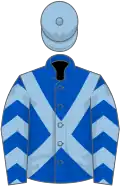 Royal blue, light blue cross belts, chevrons on sleeves, light blue cap