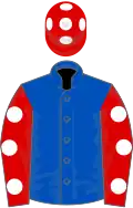 Royal blue, red sleeves, white spots, red cap, white spots