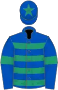 Royal blue, emerald green hoops, armlets and star on cap