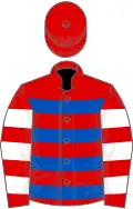Red, royal blue hoops, red and white hooped sleeves, red cap