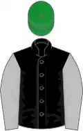 Black, silver sleeves, green cap