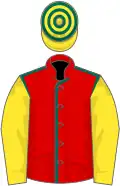 Red, dark green seams, yellow sleeves, yellow and dark green hooped cap