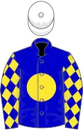 Blue, yellow disc and diamonds on sleeves, white cap