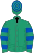Emerald green, royal blue hooped sleeves and cap
