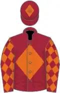 Maroon, orange diamond, diamonds on sleeves, maroon cap, orange diamond