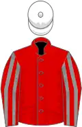 Red, grey striped sleeves, white cap