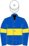 Royal blue, yellow hoop and armlet, white cap