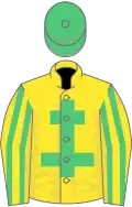 Yellow, emerald green cross of lorraine, striped sleeves, emerald green cap