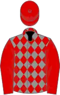 Grey and red diamonds, red sleeves and cap