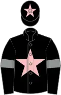 Black, pink star, black sleeves, grey armlets, black cap, pink star