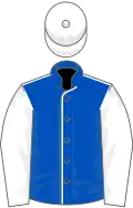 Blue, white seams, white sleeves, white cap