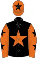 Black, orange star, orange sleeves, black stars, orange cap, black star