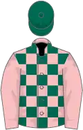 Pink and dark green check, pink sleeves, dark green cap