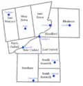 Townships from 1855 to 1975, with selected communities in blue.
