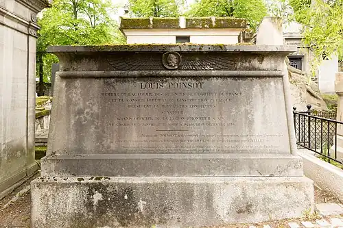 Large stone tomb with inscription for Louis Poinsot, topped with carved winged sun disk motif