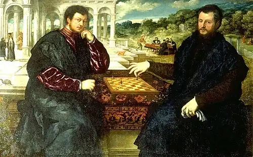 Image 42Paris Bordone, c. 1545, Chess players, oil on canvas, Mailand, Wohnhaus (from Chess in the arts)