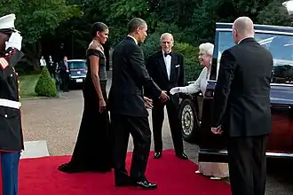 The President and the First Lady welcoming the Queen and the Duke of Edinburgh for dinner at Winfield House