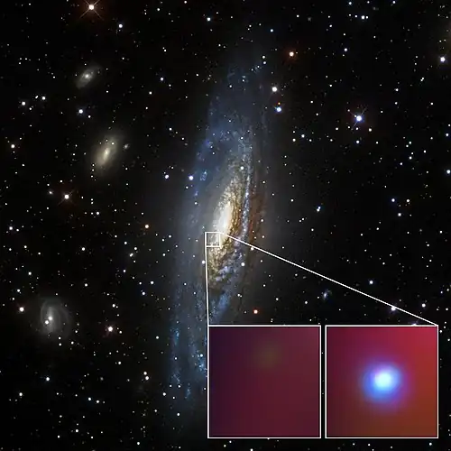 Image of SN 2014C. The inset images are from NASA's Chandra X-ray Observatory, showing a small region of the galaxy before the supernova (left) and after it (right).