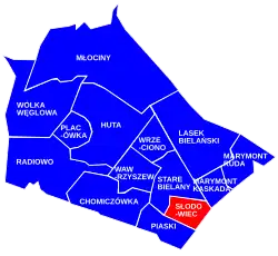 The location of Słodowiec within the Bielany district.