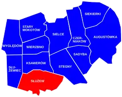 The location of the City Information System area of Służew within the Mokotów district.