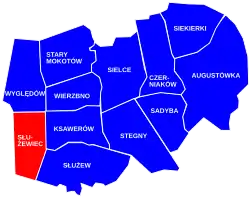 Location of Służewiec within the district of Mokotów.