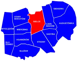 The location of the City Information System area of Siekierki within the Mokotów district.