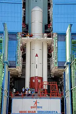 The PS-1 stage with two S12 Solid Rocket Boosters being Integrated with the S139 core stage