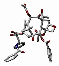 A representative three-dimensional shape adopted by paclitaxel, as a result of its unique cyclic structure.[14]