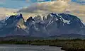 South aspect of Cerro Fortaleza centered in back Cuernos del Paine to left, Monte Almirante Nieto to right