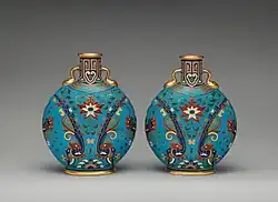 Pair of round and flat bodied bottles; 1870–1880; porcelain; first bottle: 26.4 × 21 × 10.6&nbsp;cm, second bottle: 25.7 × 20.2 × 10.2&nbsp;cm; Metropolitan Museum of Art
