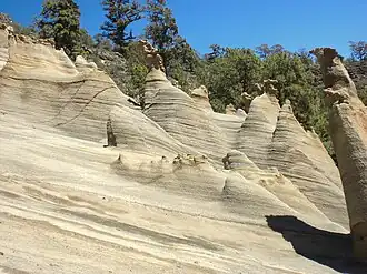 Pillars ("fairy chimneys")[303] of Lower Pleistocene pyroclastic rock[304] at Los Escurriales/Paisaje lunar, near Vilaflor, Tenerife[305]