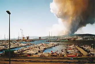 The port; in the background a forest fire near Platja d’Aro