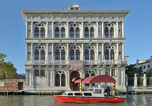 Creative Renaissance reinterpretation of the Classical order on the facade of the Ca' Vendramin Calergi, Venice, by Mauro Codussi, 1481-1509. At the top level, despite the Corinthian columns, the frieze is empty, except some eagles and two urns above each column, a playful reinterpretation of the triglyph that is above columns in the Doric order