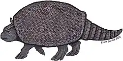 Reconstruction of the glyptodont Boreostemma venezolensis. Artwork created with rapidograph and colored markers. Author: Edwin Chávez.