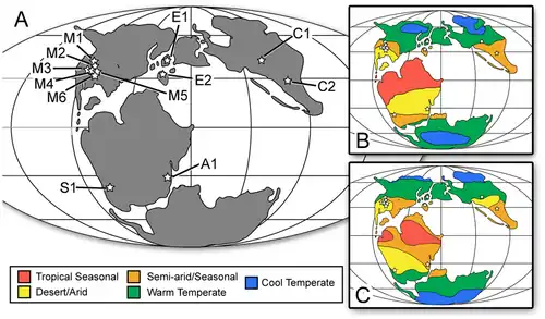 map of the world in the Jurassic, indicating the Kimmeridge Clay Formation was located near a warm temperate climate