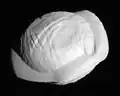 An irregularly shaped body with a prominent equatorial ridge. It is illuminated from the bottom right.