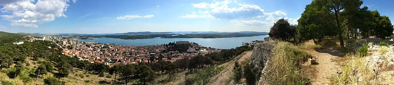 Panorama of city with mixture of five- to ten-story buildings